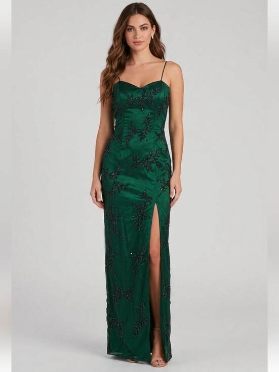 Dresses & Skirts - Women's Emerald Green Beaded Spaghetti-Strap Floor Length Evening Gown Size S